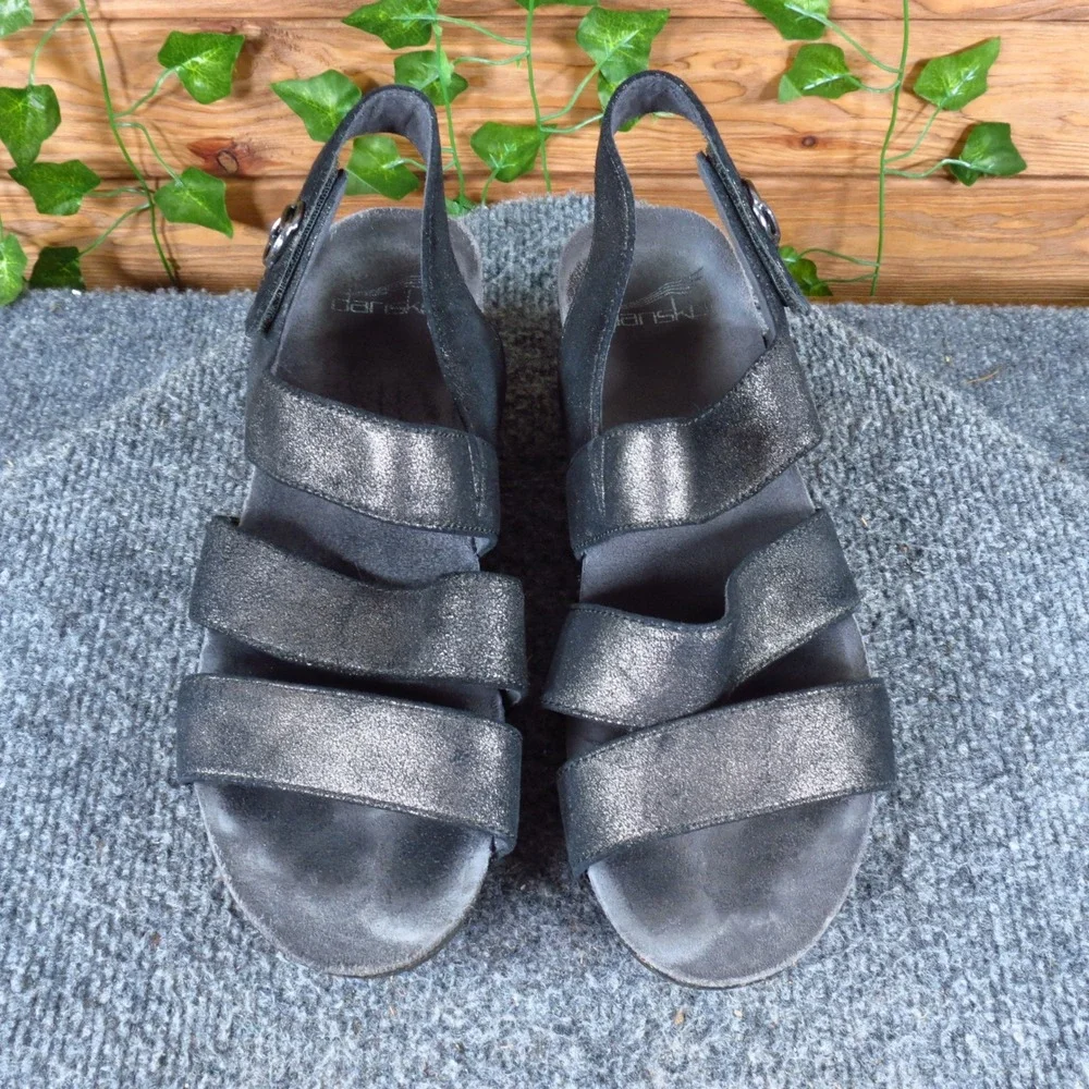 Dansko Stayce Womens Wedge Sandals Sz 38‎ US 7.5-8 Casual Black Metallic Leather